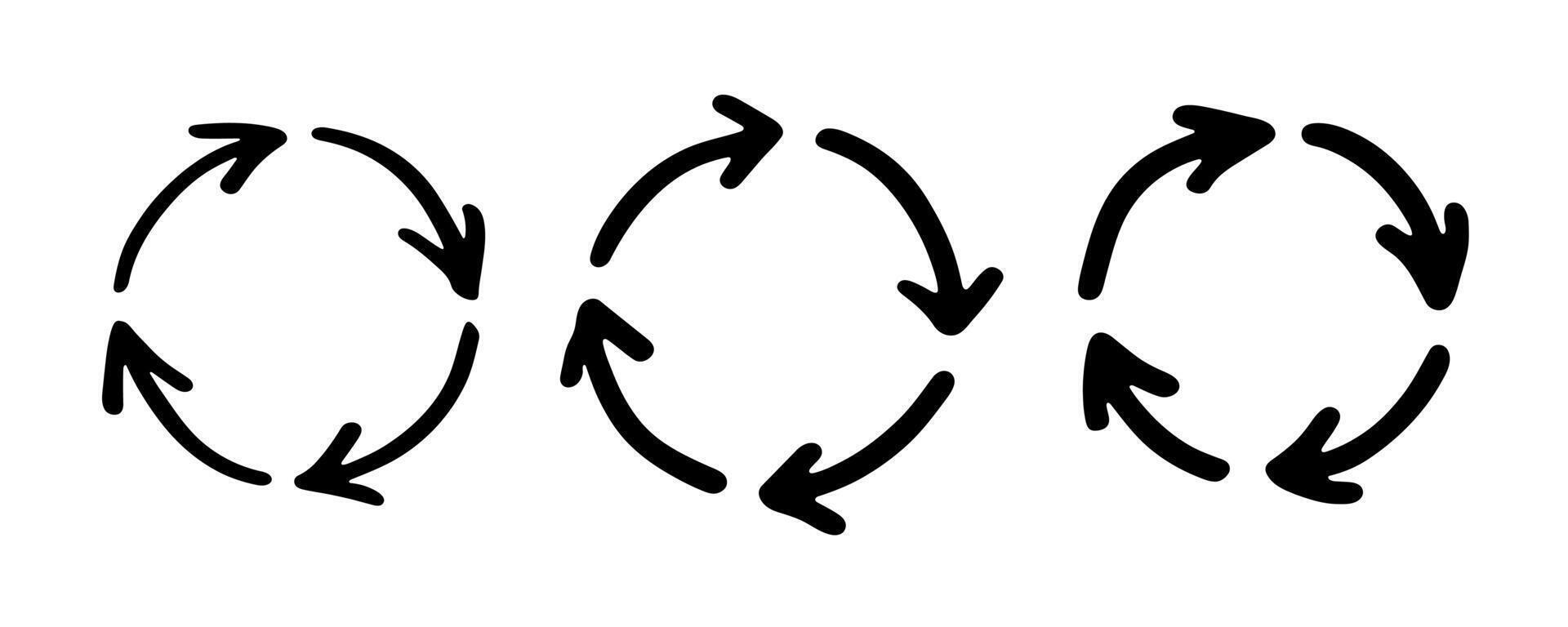 Set of hand drawn recycle arrow icon Recycling resources symbol Reuse of materials, zero waste, green environment, saving the planet natural rotation vector