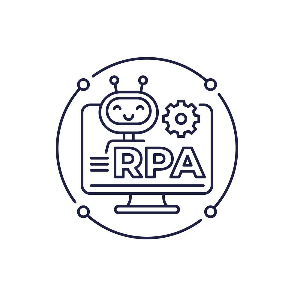 RPA icon with a robot, Robotic process automation, line design vector