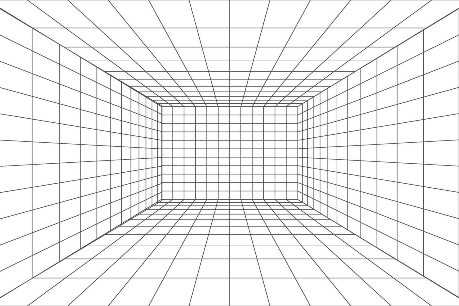 Room perspective grid box in futuristic 3d style. Outline hud tech grid background, room projection. Wireframe grid template in perspective view. vector