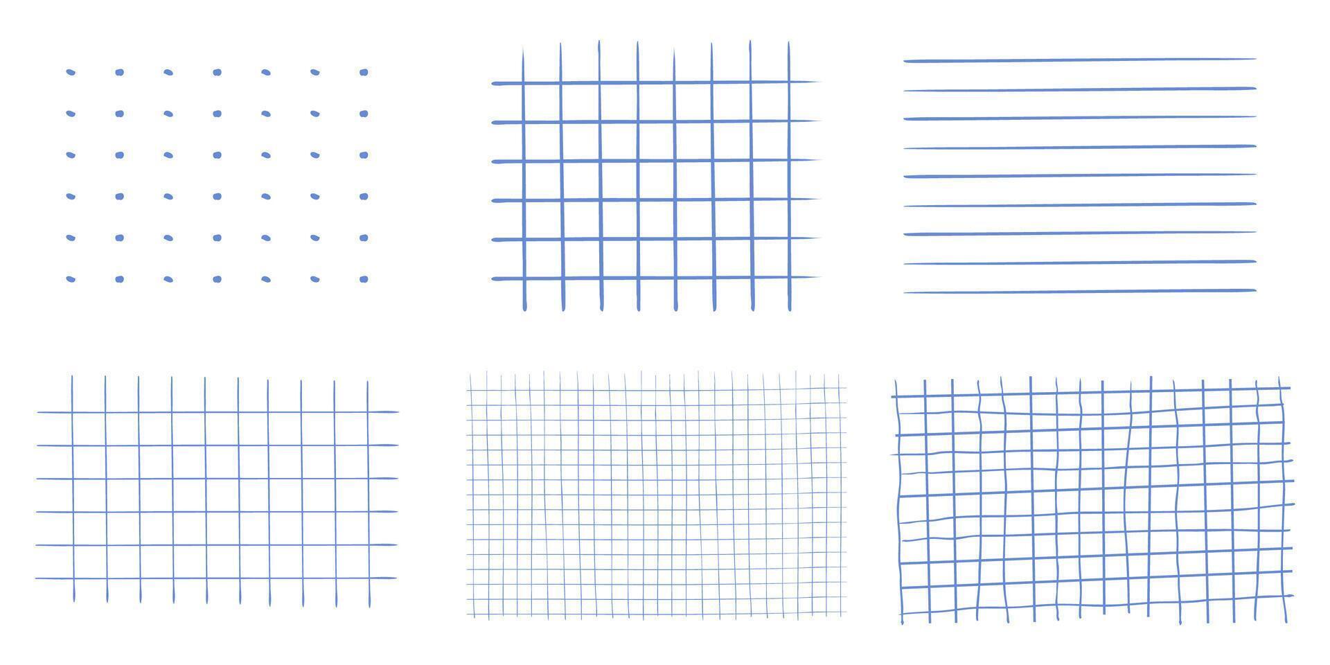 Graph crayon blue hand drawn textured set square grid set for note, geometric line texture. Collection Crayon or pencil stripes, dots for bullet journal pages. vector