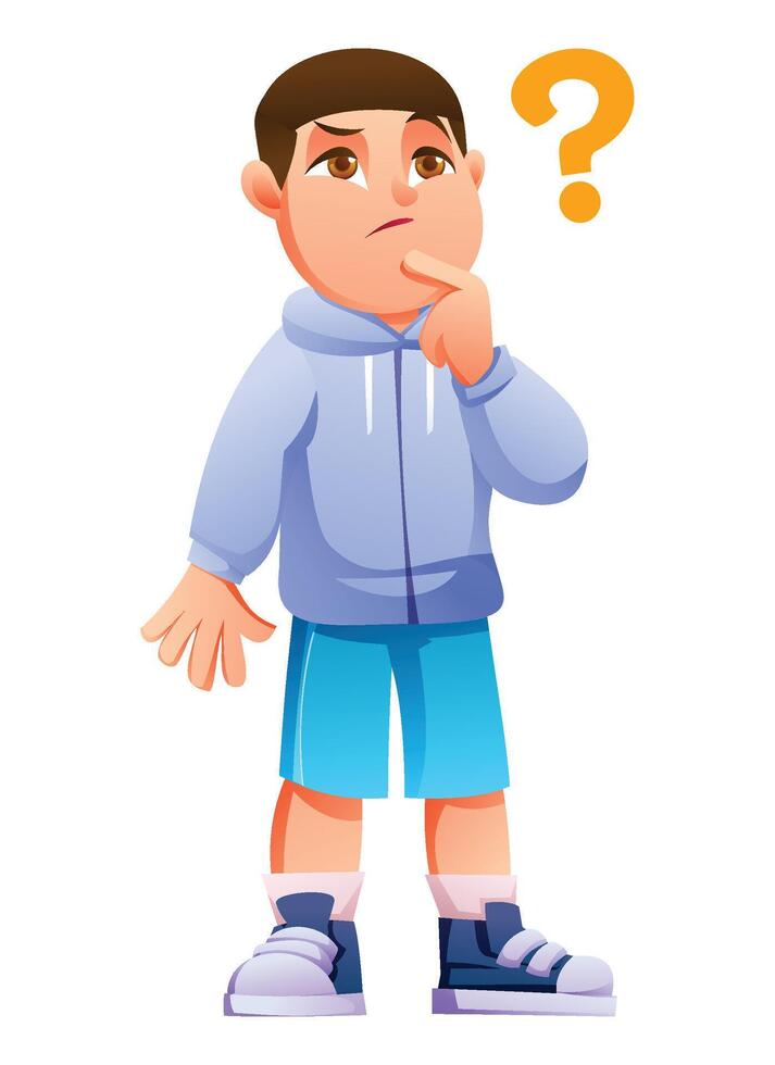 Little boy wonder, thinking deeply with a questioning look and a question mark floating beside him. Cartoon illustration vector