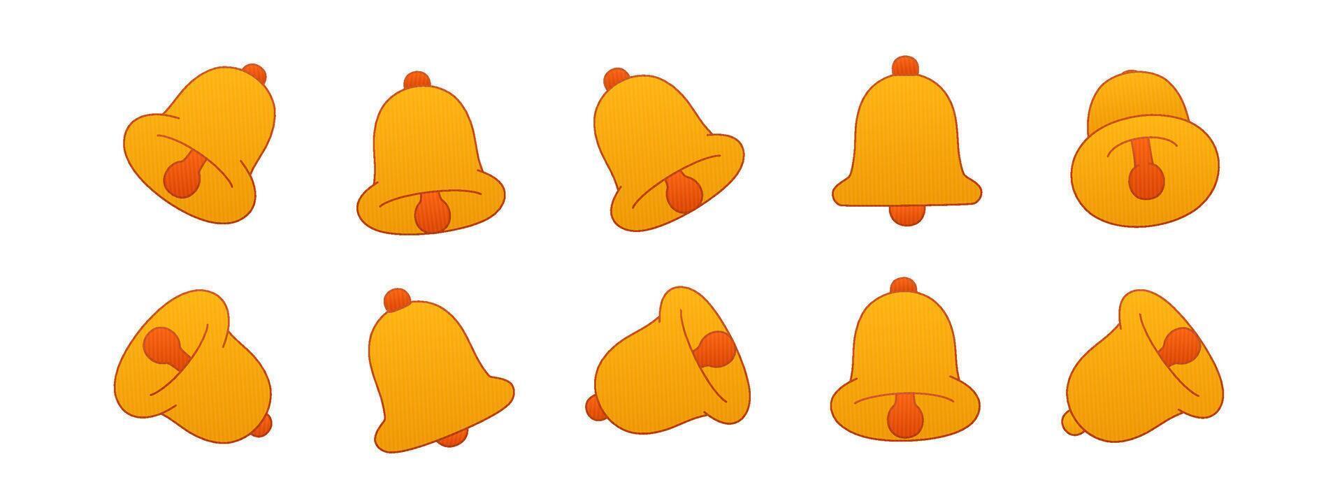 Bell icon illustration in flat 3d style. Yellow bell set shown in different angles and views. Great for alerts, notifications, mobile apps, UI design, reminders, messages and web use vector