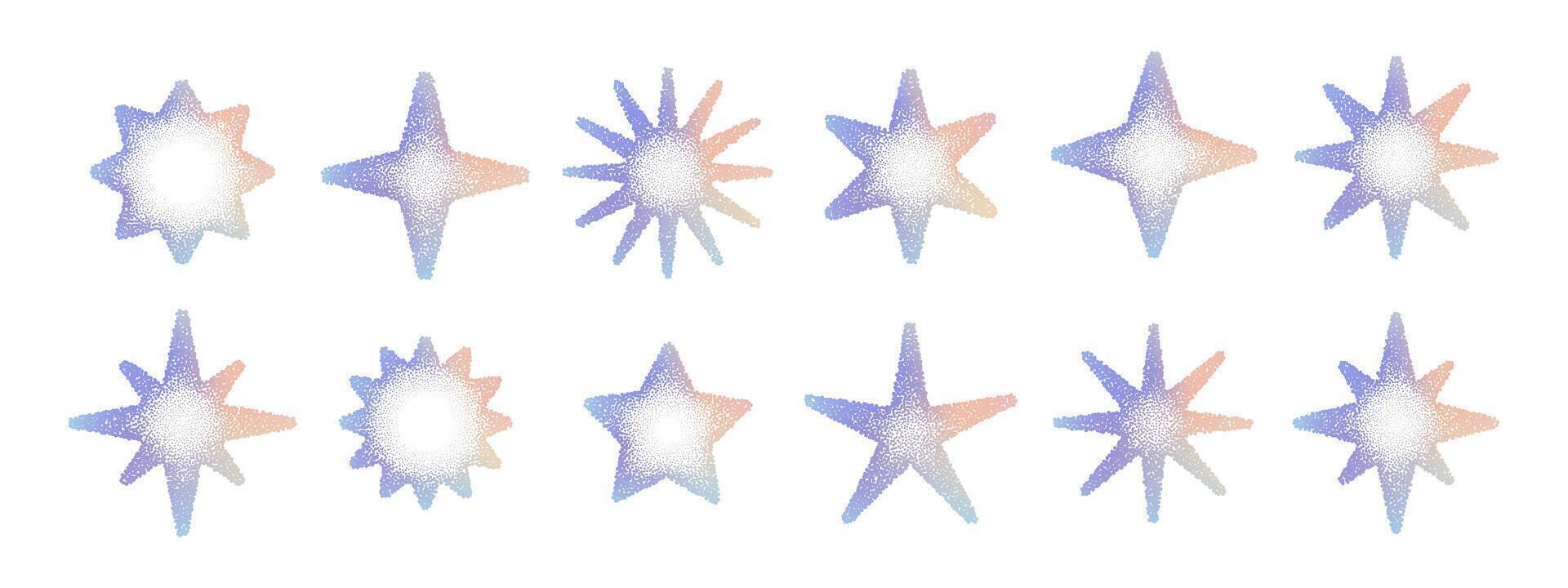 Collection of grainy gradient stars with soft grainy pastel effect. Minimal grainy star shapes isolated on light background for cosmic artwork, poster, web and modern creative design vector
