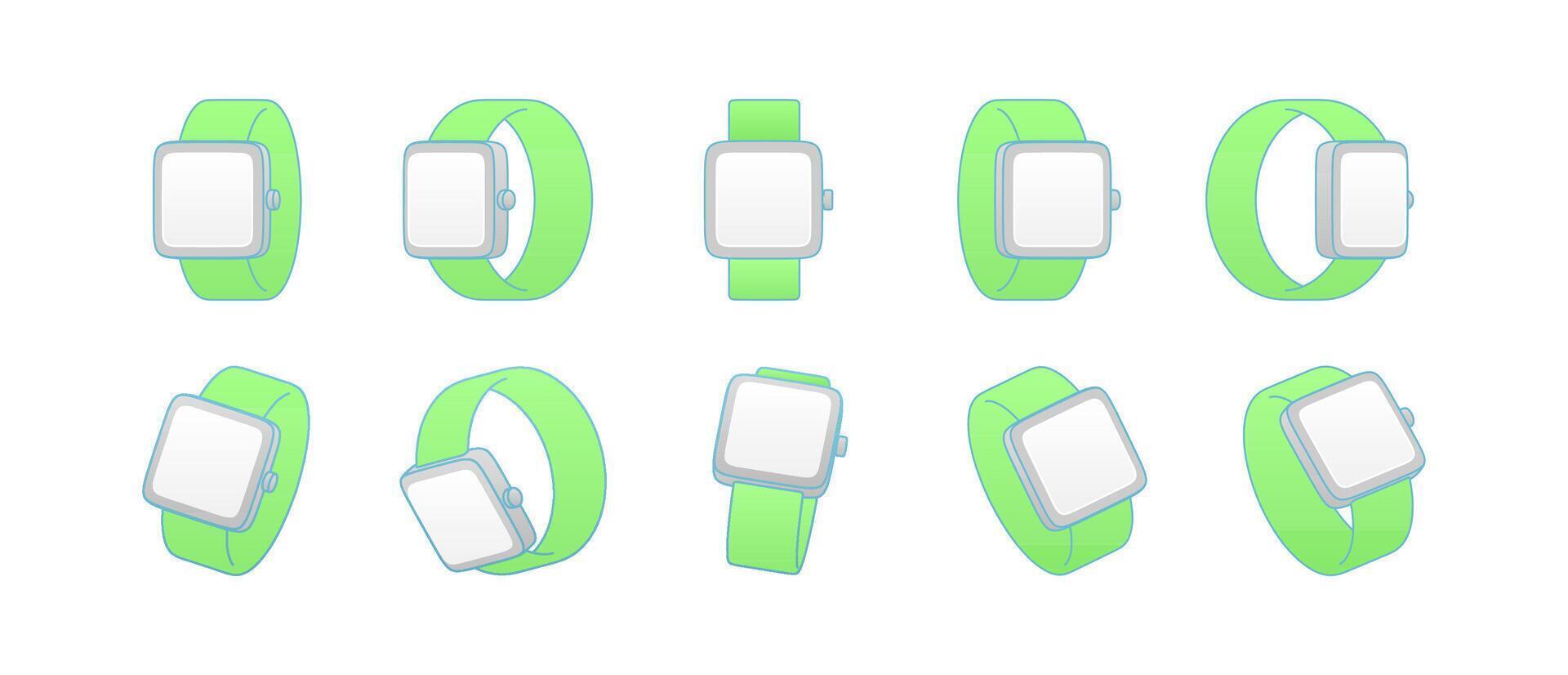 Smartwatch illustration with green strap in flat 3D style. Multiple angles and perspectives show the watch as a modern device for apps, UI, business, and technology design vector