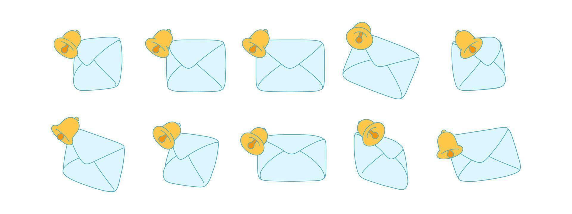 Envelope notification icon 3D with paper mail and alert bell, set of blue envelopes in different angles. Isolated design for email, message, communication and digital office concept vector