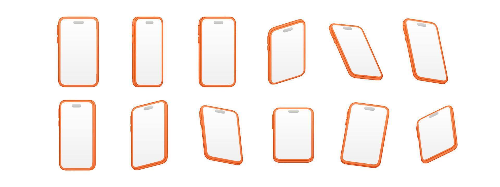Orange smartphone 3d set in isometric style. Mobile phone mockup in bright orange frame from different angles and perspectives for app design, UI UX and digital projects vector