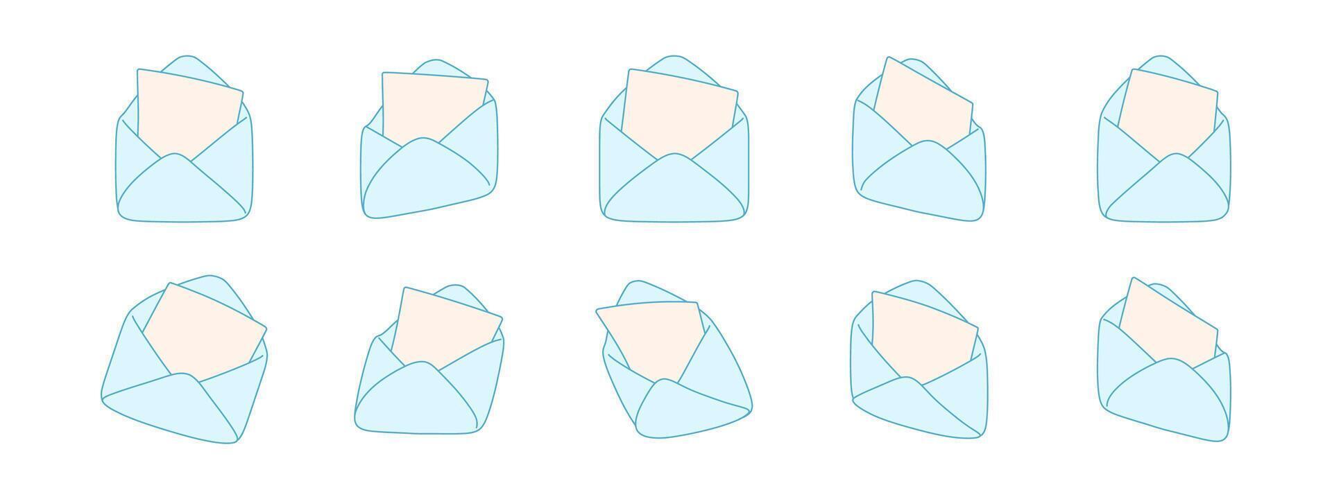 Envelope icon 3D with letter and mail paper, envelope shown in different angles and views for communication. Isolated design for email, digital message, office contact and web concept vector