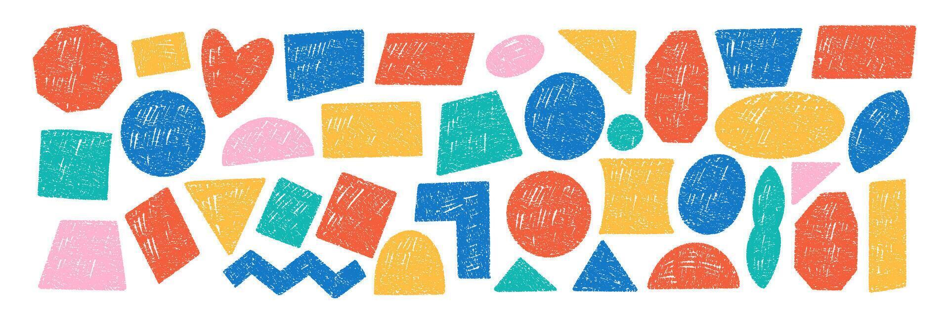 Set of different geometric shapes. Rectangle, circle, triangle and heart with crayon, chalk or pastel texture. Hand drawn color illustration on white background. vector