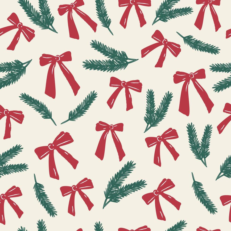 Seamless retro Christmas pattern with red ribbon bows and green fir branches. Festive winter background for wrapping paper or fabric designs. vector