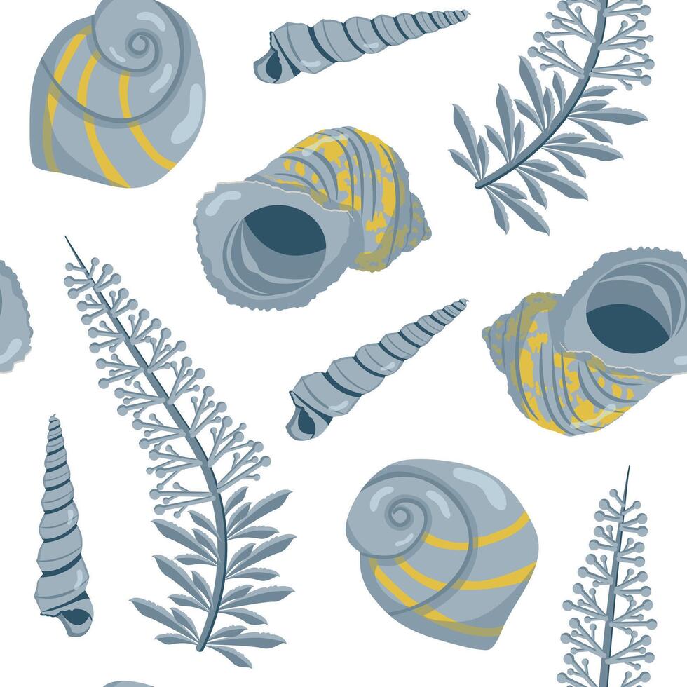 Seamless pattern with detailed shells and seaweed. Suitable for fabric, phone cases and stationery. vector