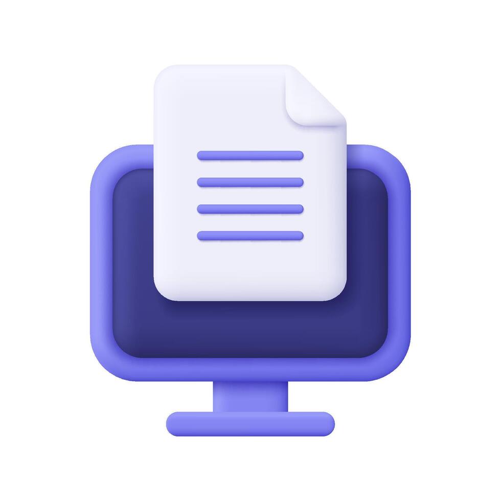 Purple computer with document file on screen. Remote work, education, online document, digital file, data management and computer work concept. 3d icon. Cartoon minimal style. vector