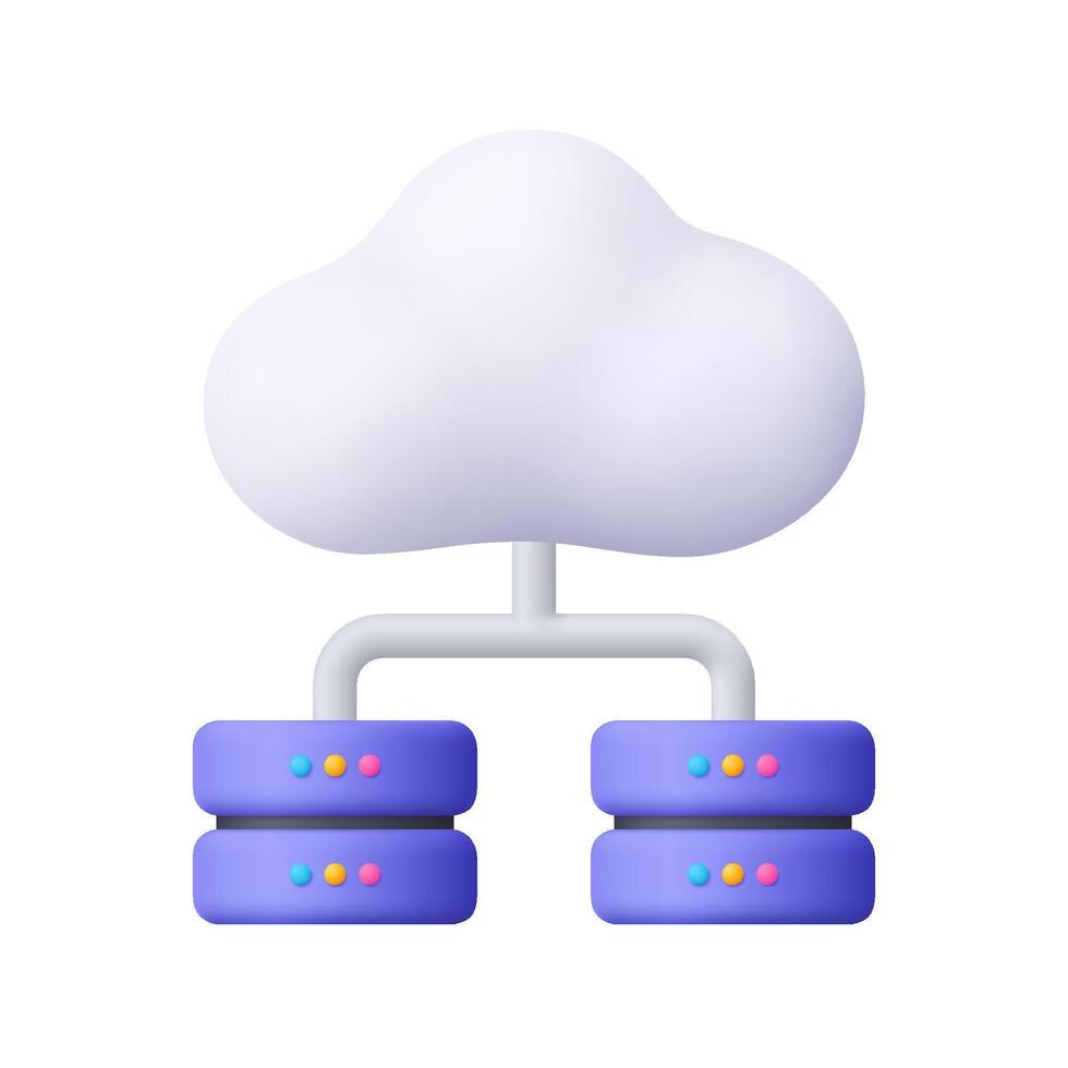 White cloud connected to two stacks of purple servers. Cloud storage, networking, data management, digital technology and computing infrastructure concept. 3d icon. Cartoon minimal style. vector
