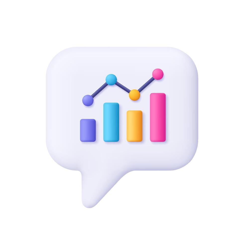 Growth bar chart with columns, down and up chart. Speech bubble with bar chart. Analytics, statistics, business growth, communication, presentations concept. 3d icon. Cartoon minimal style. vector