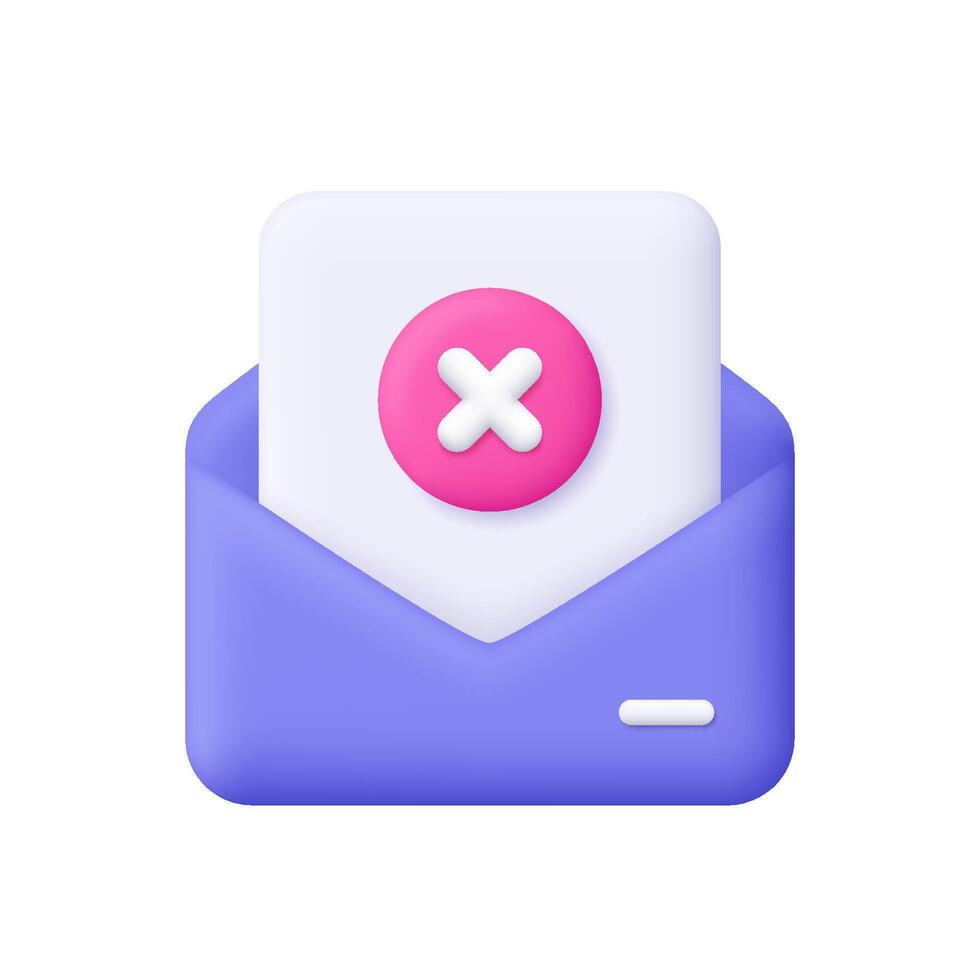 Purple envelope with white letter and pink circle with white cross mark. Message deletion, email rejection, email error, spam, document cancellation. 3d icon. Cartoon minimal style. vector