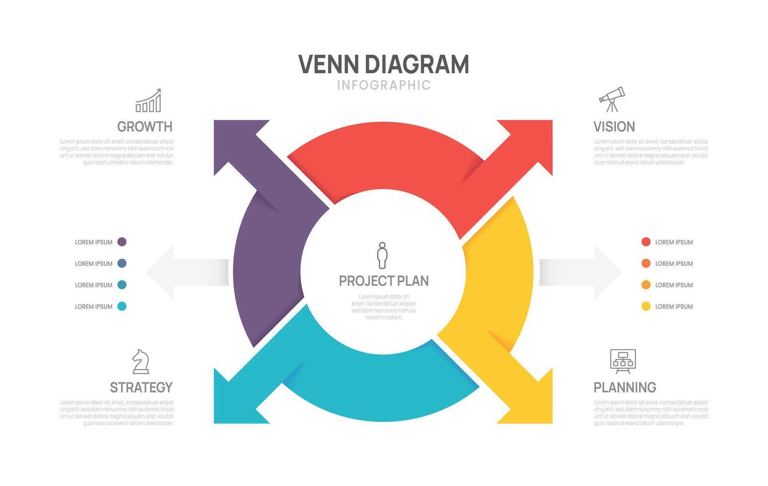 Venn diagram business infographic arrow circle chart template 4 options, presentation with venn diagram elements illustration. vector