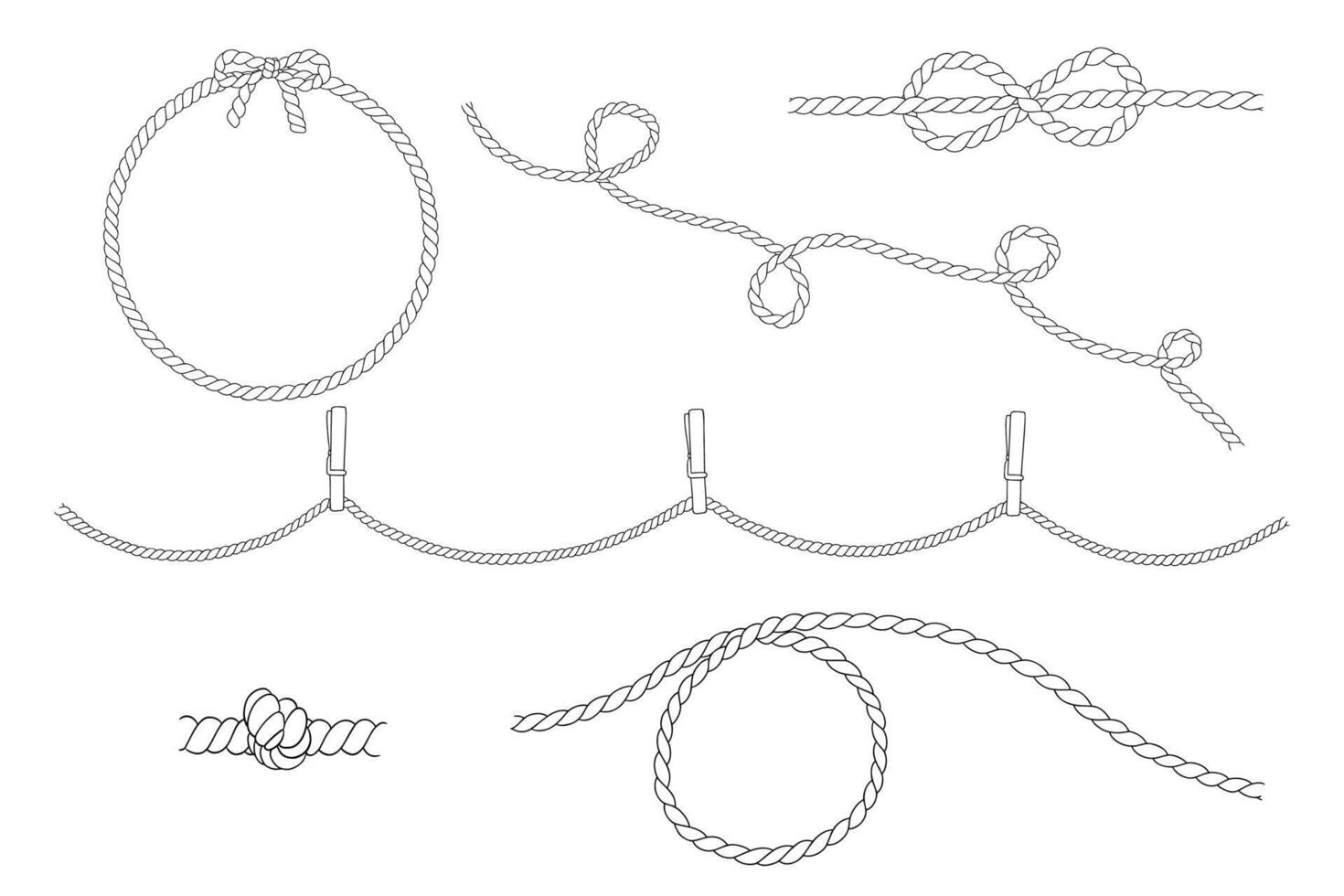 Rope round frame, knot and lasso. Line art. drawing of circle. String wreath with loops. Outline nautical sketch vector