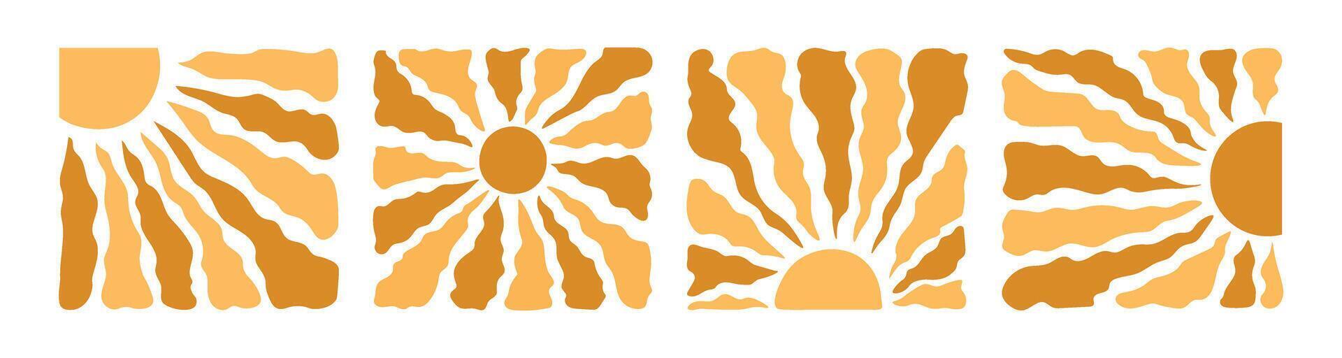 set of clean abstract sun designs featuring bold wavy rays in a groovy retro style vector