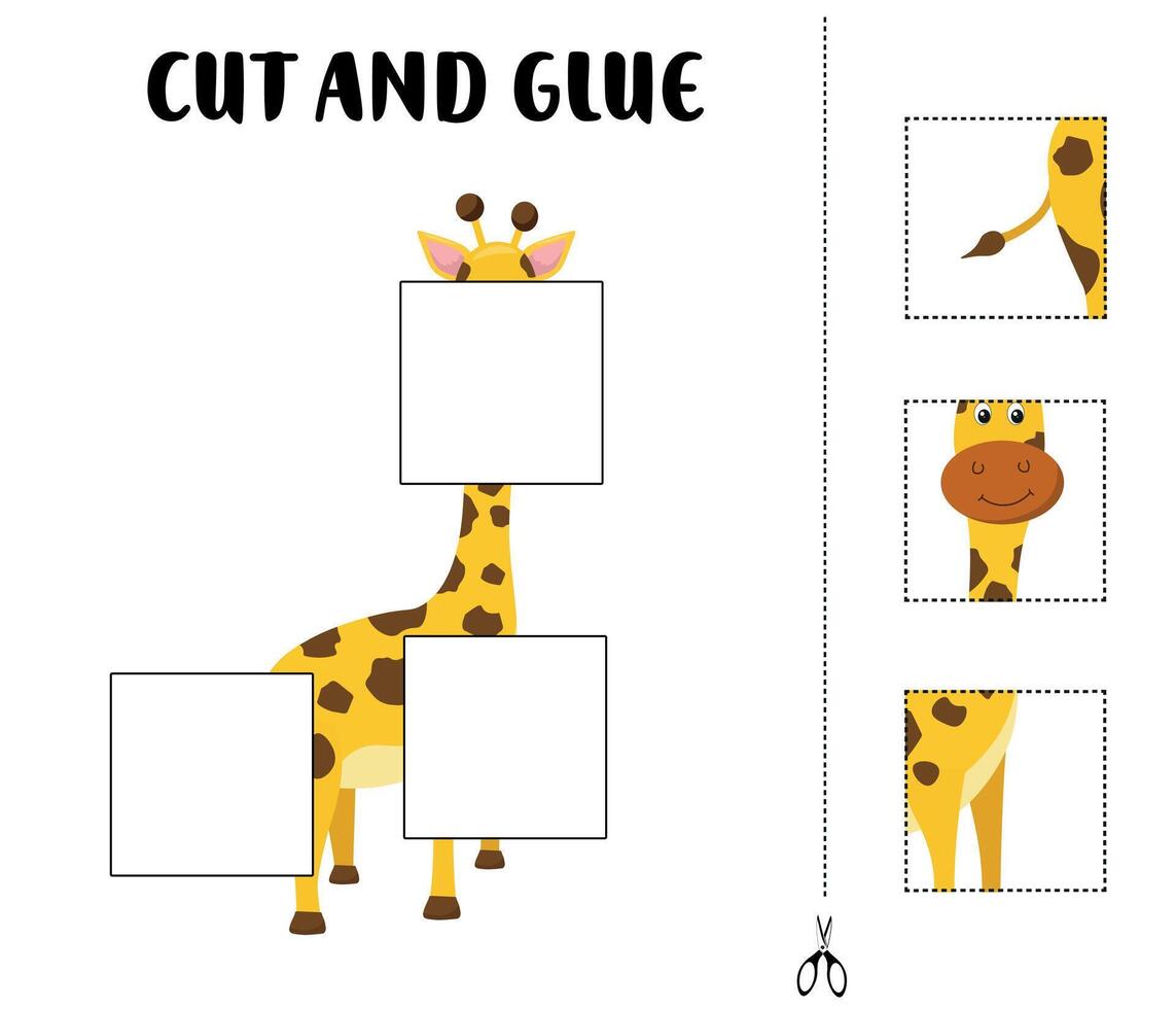 Cut and glue worksheet featuring a smiling giraffe with missing squares for children to cut, match, and paste vector