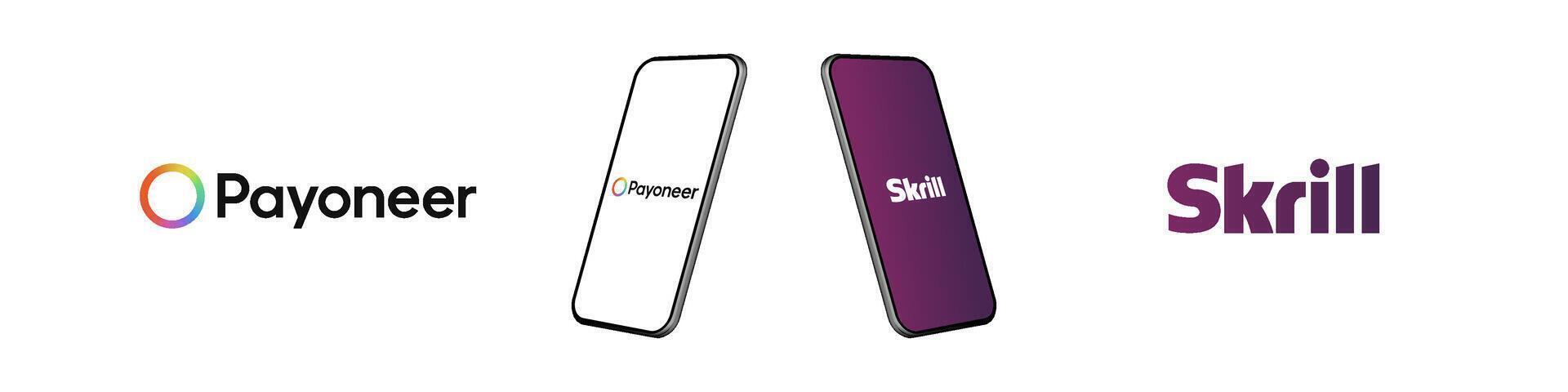 Payoneer and skrill logo on device mockup app. Paying systems editorial vector