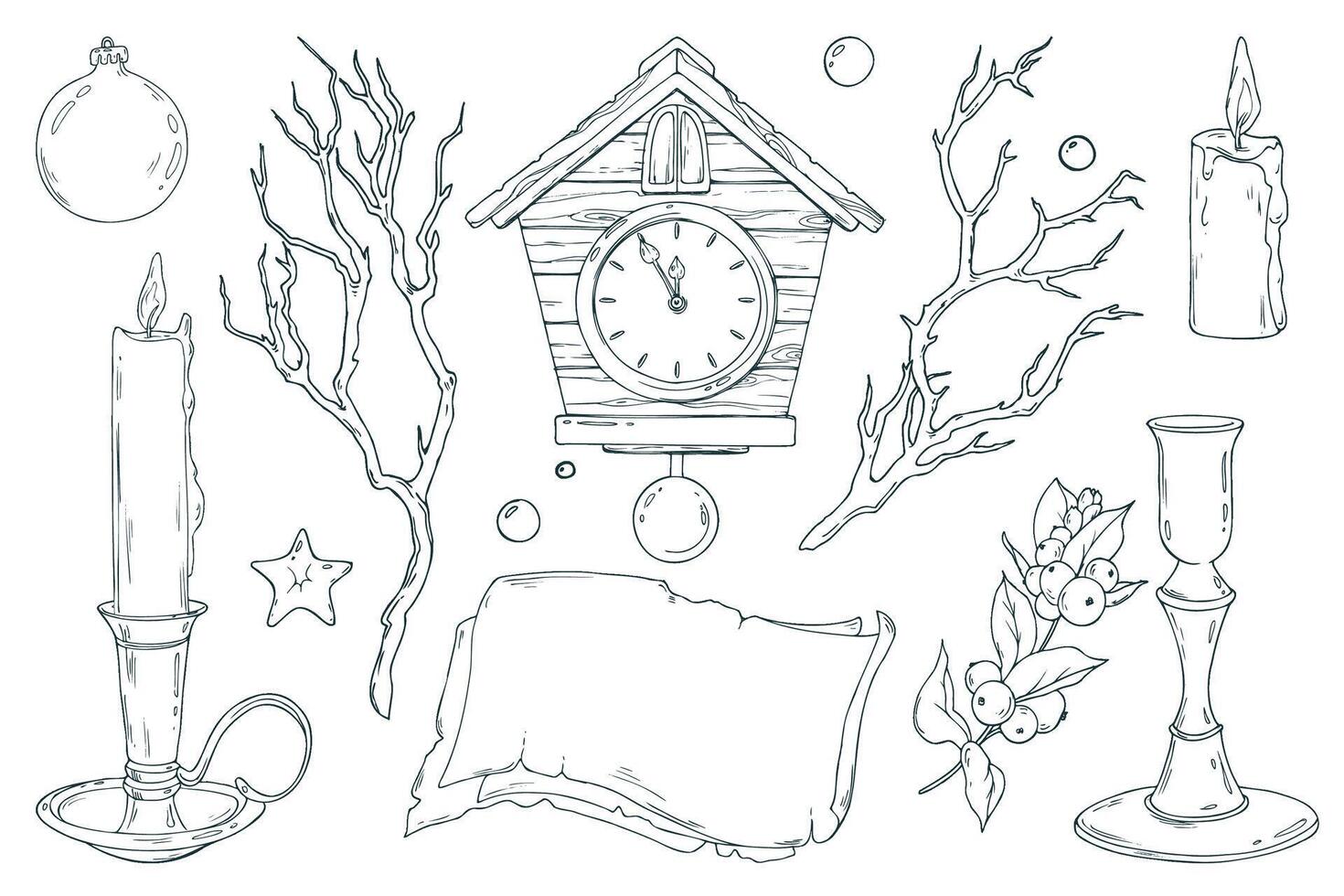 A large Christmas set with ornaments, candles, a wish note, a cuckoo clock, and snowberry branches. This detailed line art is perfect for festive collages and website headers. vector