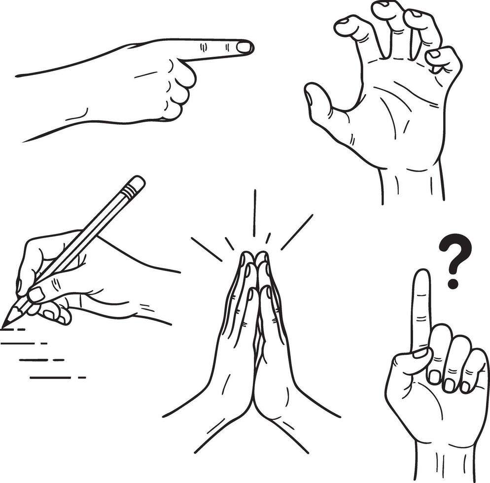 Detailed Hand Gesture Icon Set Pointing Writing Clapping and Question Line Art vector