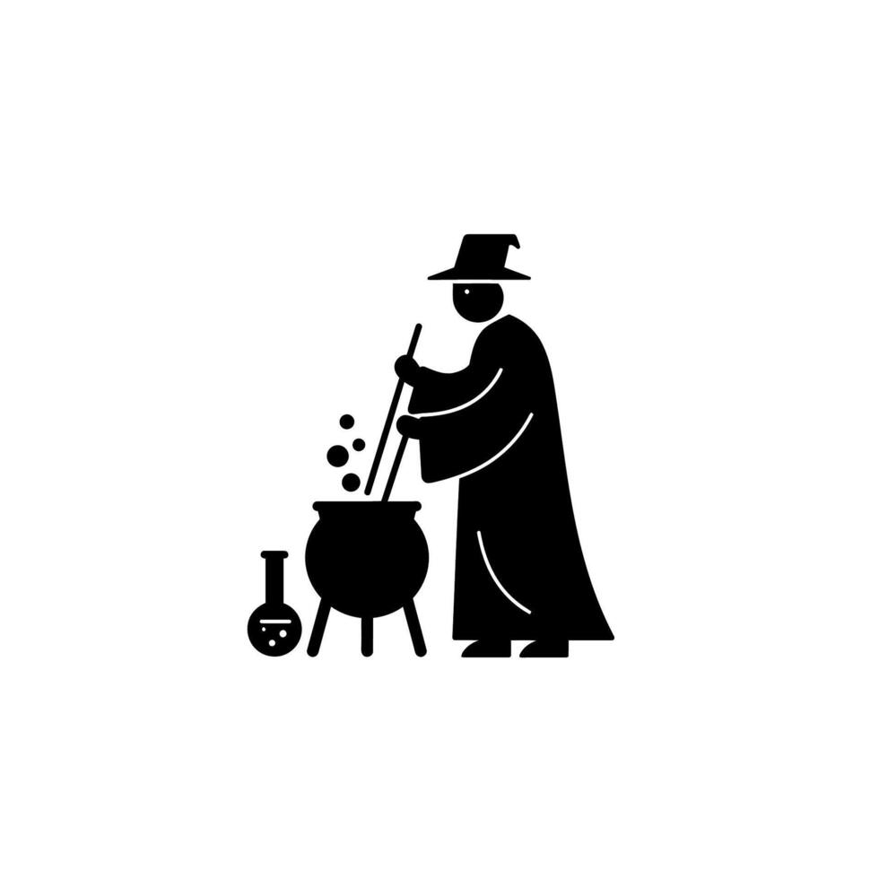 Wizard stirring a potion in a cauldron with a flask nearby. vector