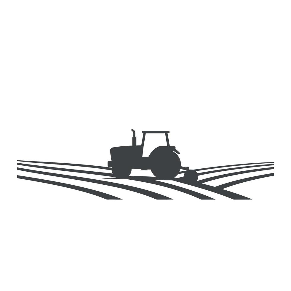 Silhouette of a tractor plowing a field with curved rows. vector
