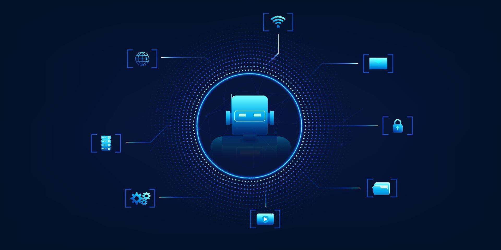 AI robot at the center of a connected circle, linked with command icons, representing intelligent automation and AI-powered control systems vector
