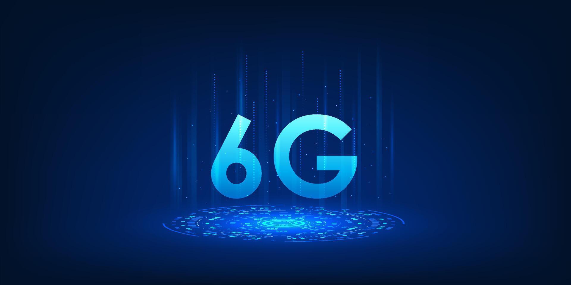 Futuristic 6G technology concept with glowing tech circle below, symbolizing ultra-fast communication, IoT connectivity, and advanced digital networks. vector