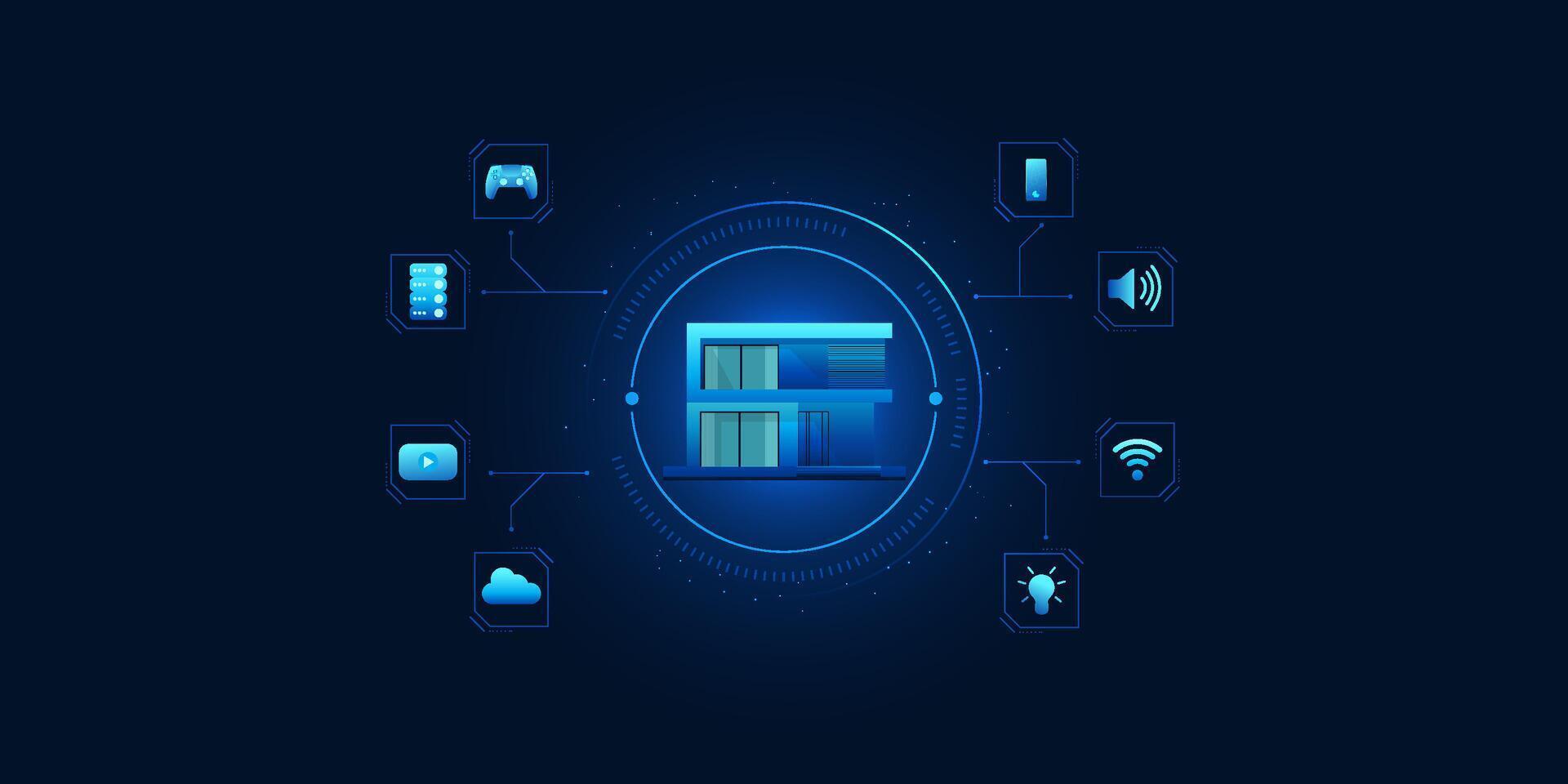 Smart home inside a technology circle connected with IoT system icons, representing automated home control and intelligent living vector