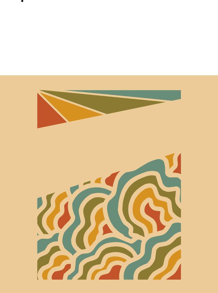 Retro abstract design featuring layered wavy shapes in orange, mustard, olive, and teal tones with a triangular prism pattern above vector