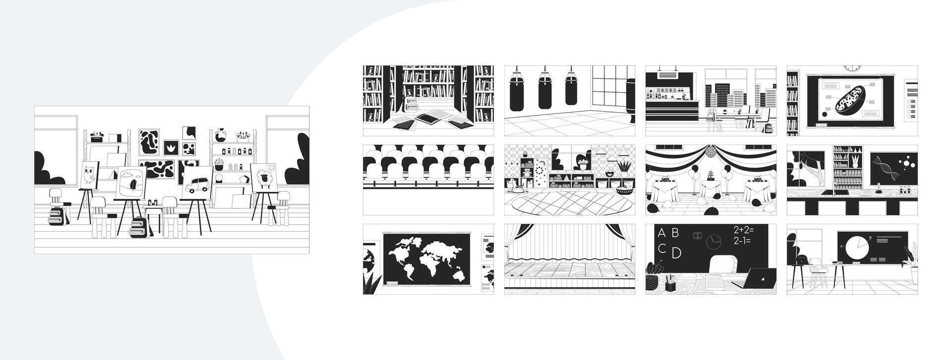 School classroom and learning backgrounds outline illustrations mega bundle. Library, science lab, gym, art room, classes 2D linear images isolated. Collection black and white drawings vector