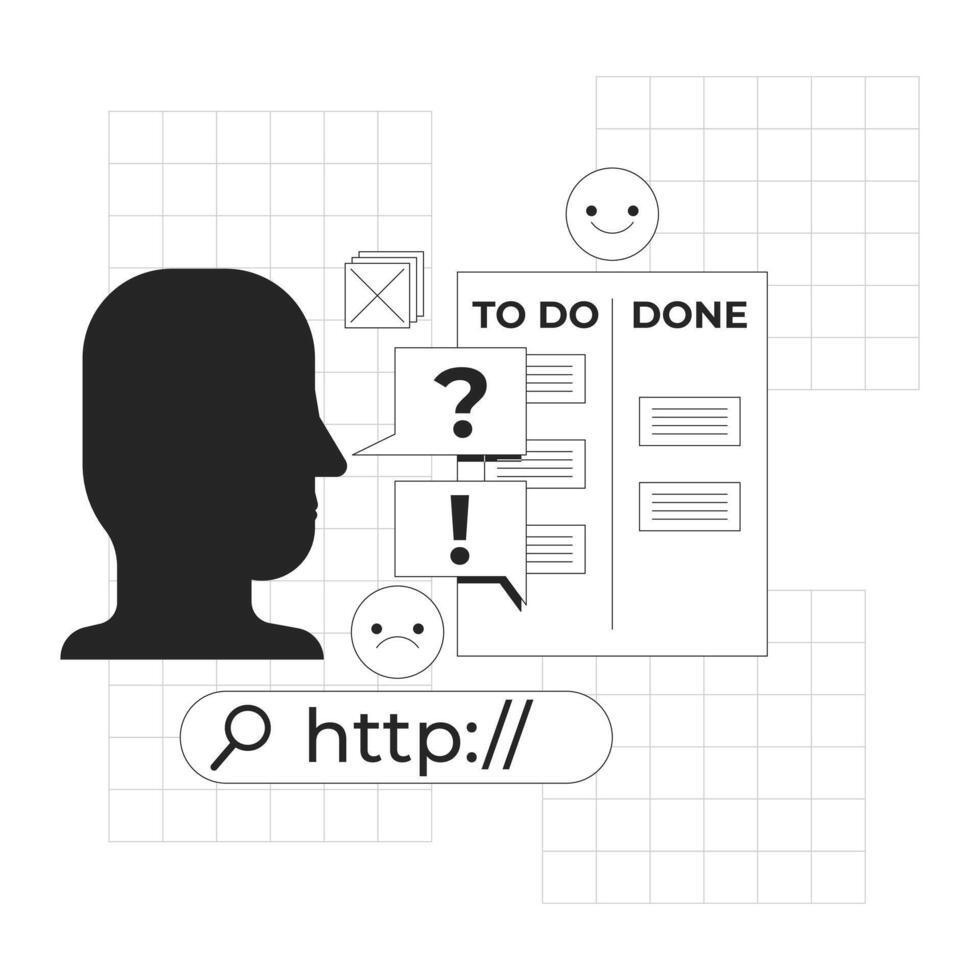 To do list line onboarding ui illustration. Kanban board. Web search bar, mood, reminder. Productivity, task management, workflow app outline 2D concept isolated. Ink linear metaphor art vector