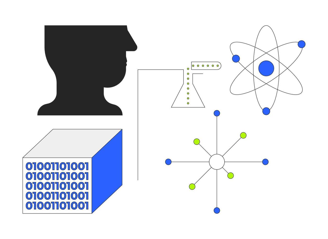 Science research and data integration 2D cartoon objects set. Head silhouette, binary cube, atomic model, radial network isolated elements flat clip arts on white. Spot illustrations collection vector