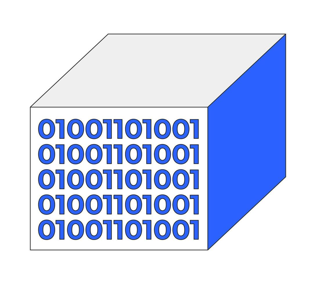 Binary data cube 2D cartoon object. Digital computation technology. Programming cubic. Numeral zero one block. Coding blockchain isolated element flat clip art on white. Spot illustration vector