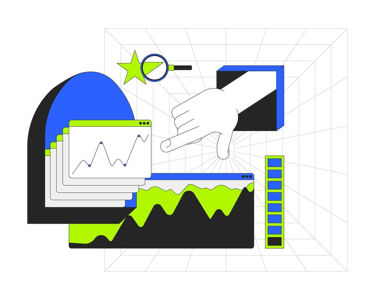 Data analytics 2D onboarding ui illustration. Charts graphs. Hand interaction. Star rating. Intuitive dashboard. Digital workspace cartoon concept isolated on white. Flat abstract metaphor vector