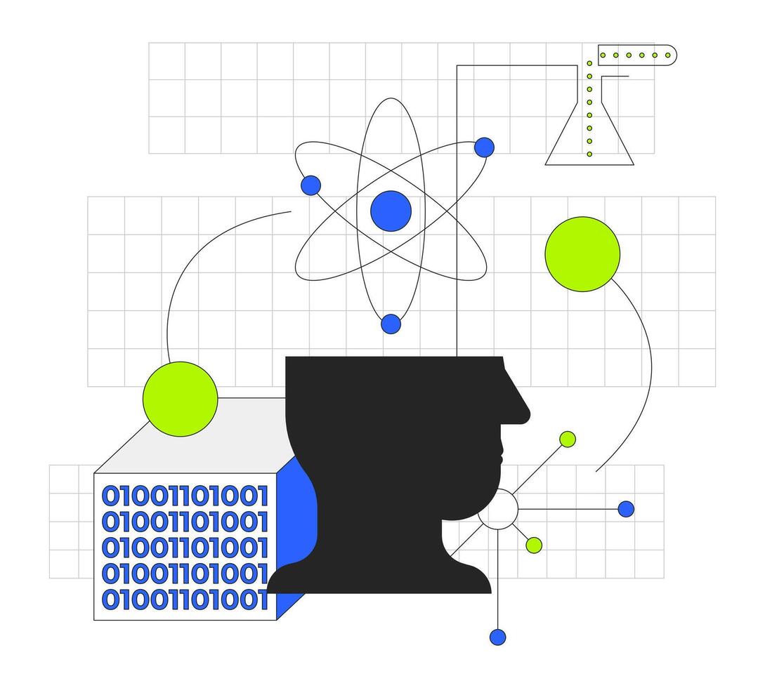 Data science 2D onboarding ui illustration. Physics education, laboratory research. Scientific head silhouette with AI and binary code cartoon concept isolated on white. Flat abstract metaphor vector