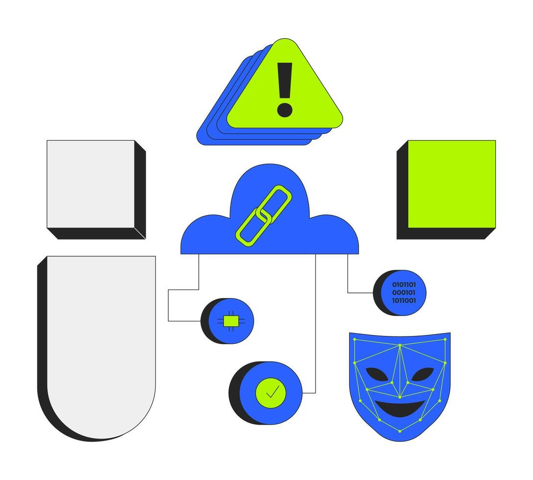 Cloud security system with alert and blank geometric shapes 2D cartoon objects set. Server web link, face recognition isolated elements flat clip arts on white. Spot illustrations collection vector