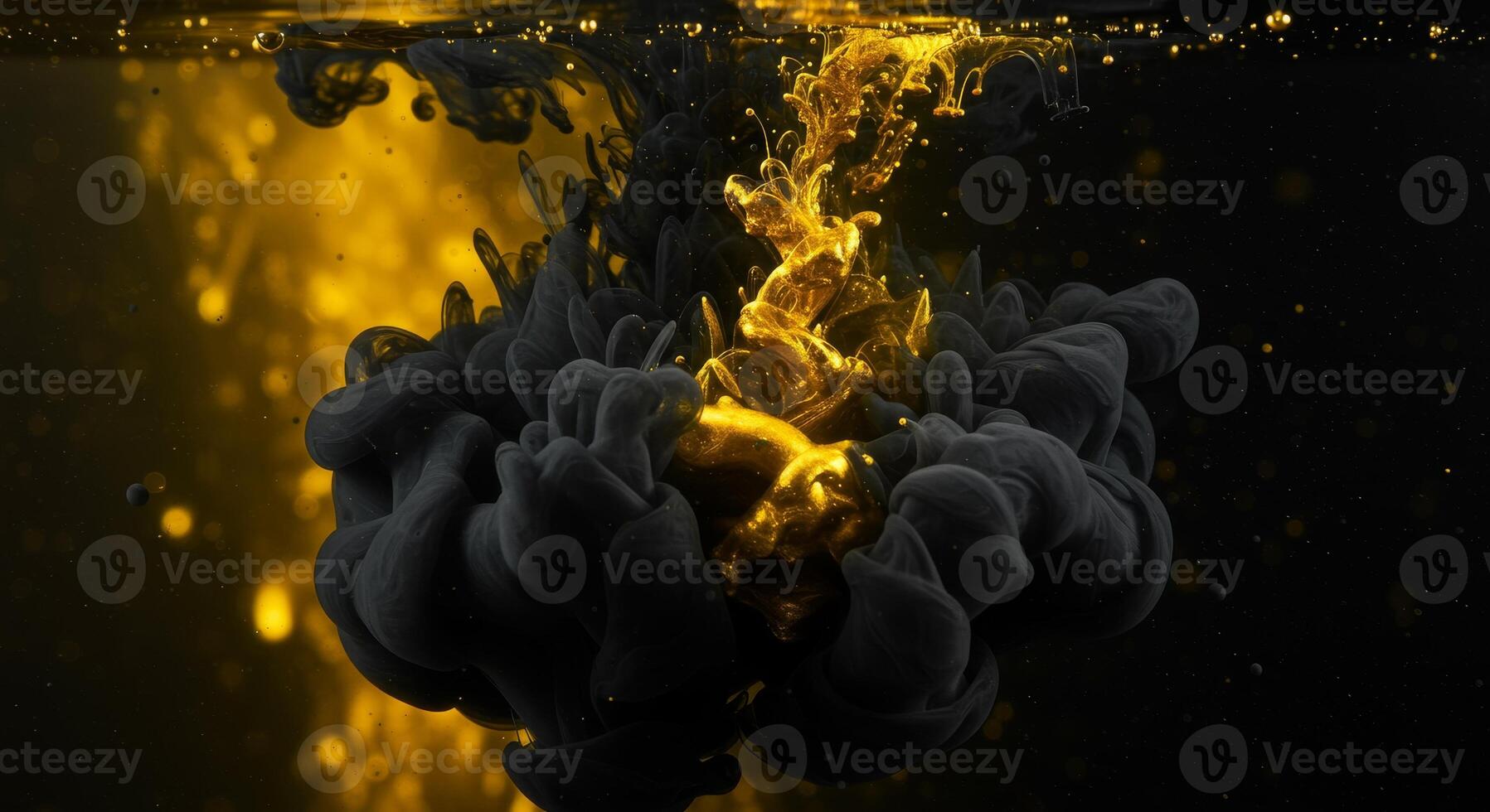 A dramatic and elegant abstract background capturing the moment of collision between black ink and liquid gold. The dynamic swirls create a powerful and luxurious image for high-end branding photo