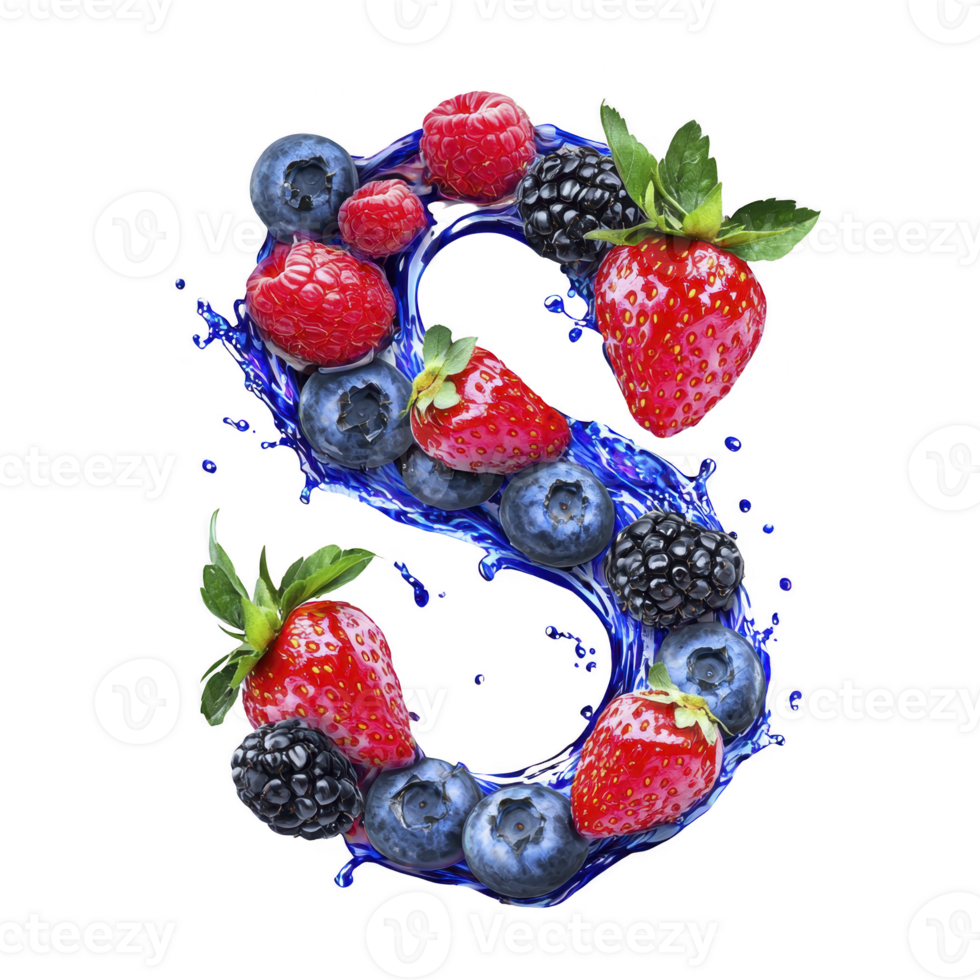 vibrant arrangement of fresh berries, including strawberries, blueberries, raspberries, and blackberries, forms shape of letter S with splashes of water, creating refreshing and dynamic visual png