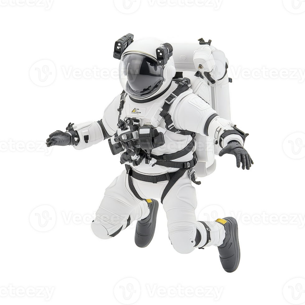 astronaut in white spacesuit floats in zero gravity, showcasing advanced space exploration gear. suit features helmet with reflective visor and backpack for life support png