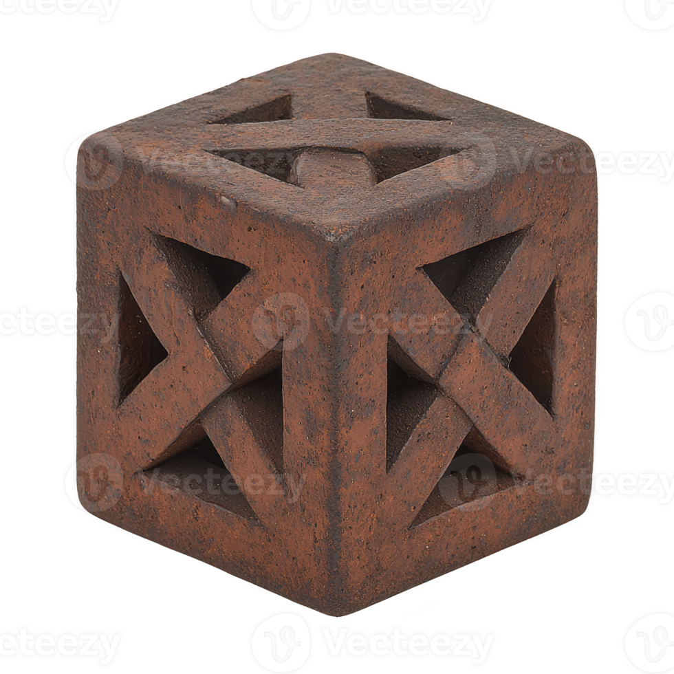 rustic, brown, cube shaped lantern with geometric cutouts creates warm, inviting glow. lantern design features intersecting lines and triangles, adding artistic touch to any space png