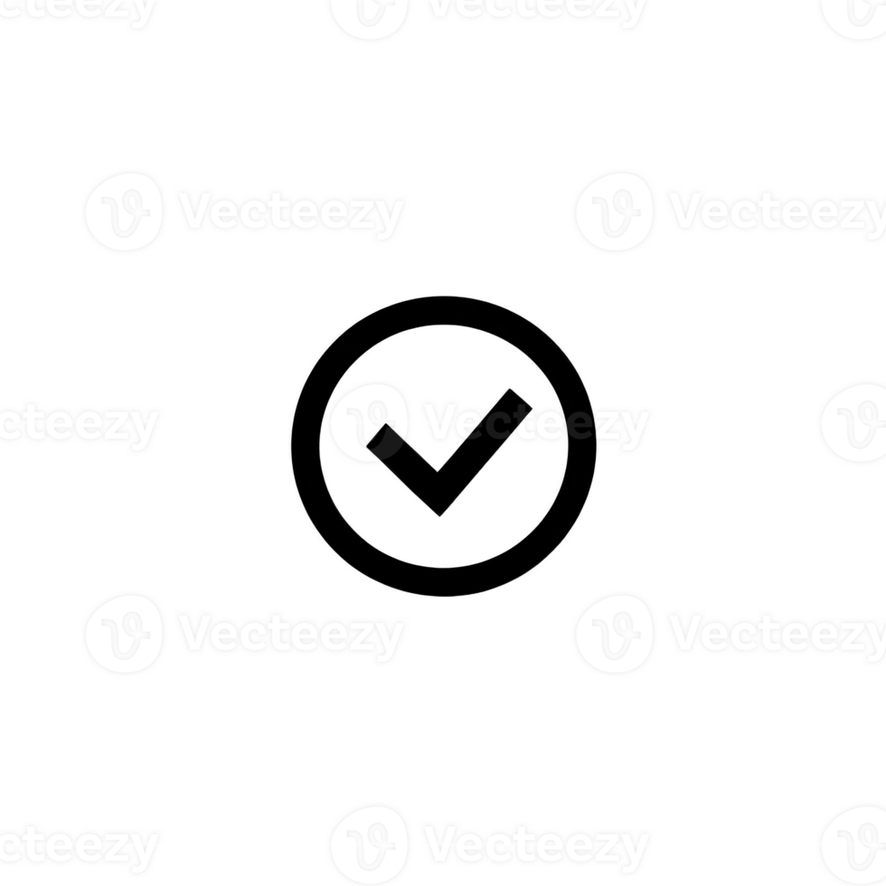 simple black check mark icon is centered within black circle on transparency background, symbolizing approval or completion png