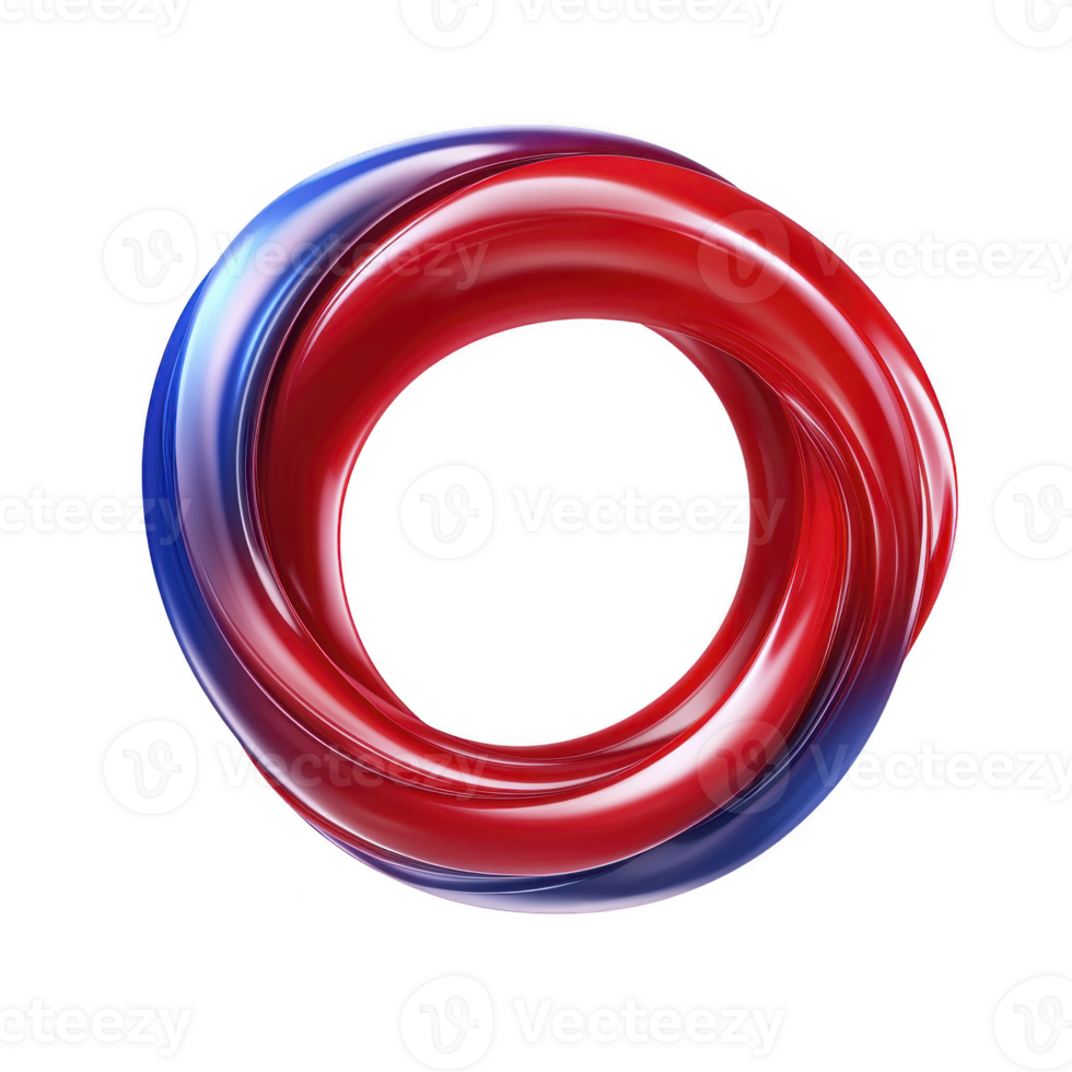 vibrant, glossy red and blue twisted torus shape with smooth, reflective surface, creating dynamic and modern abstract design. colors blend seamlessly, adding depth and movement png