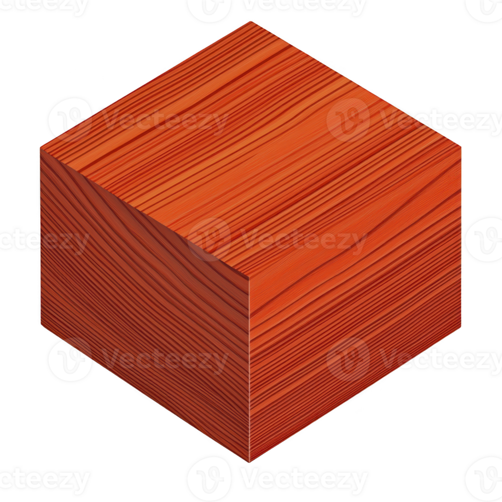 wooden cube with rich, reddish brown hue and distinct grain patterns is displayed, showcasing its natural texture and geometric shape. cube smooth surface and vibrant color evoke sense of warmth png