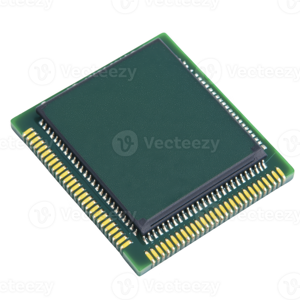 fechar acima imagem do microchip com visível alfinetes e verde o circuito quadro, exibindo intrincado eletrônico componentes. microchip é isolado em transparência fundo, destacando Está Projeto png