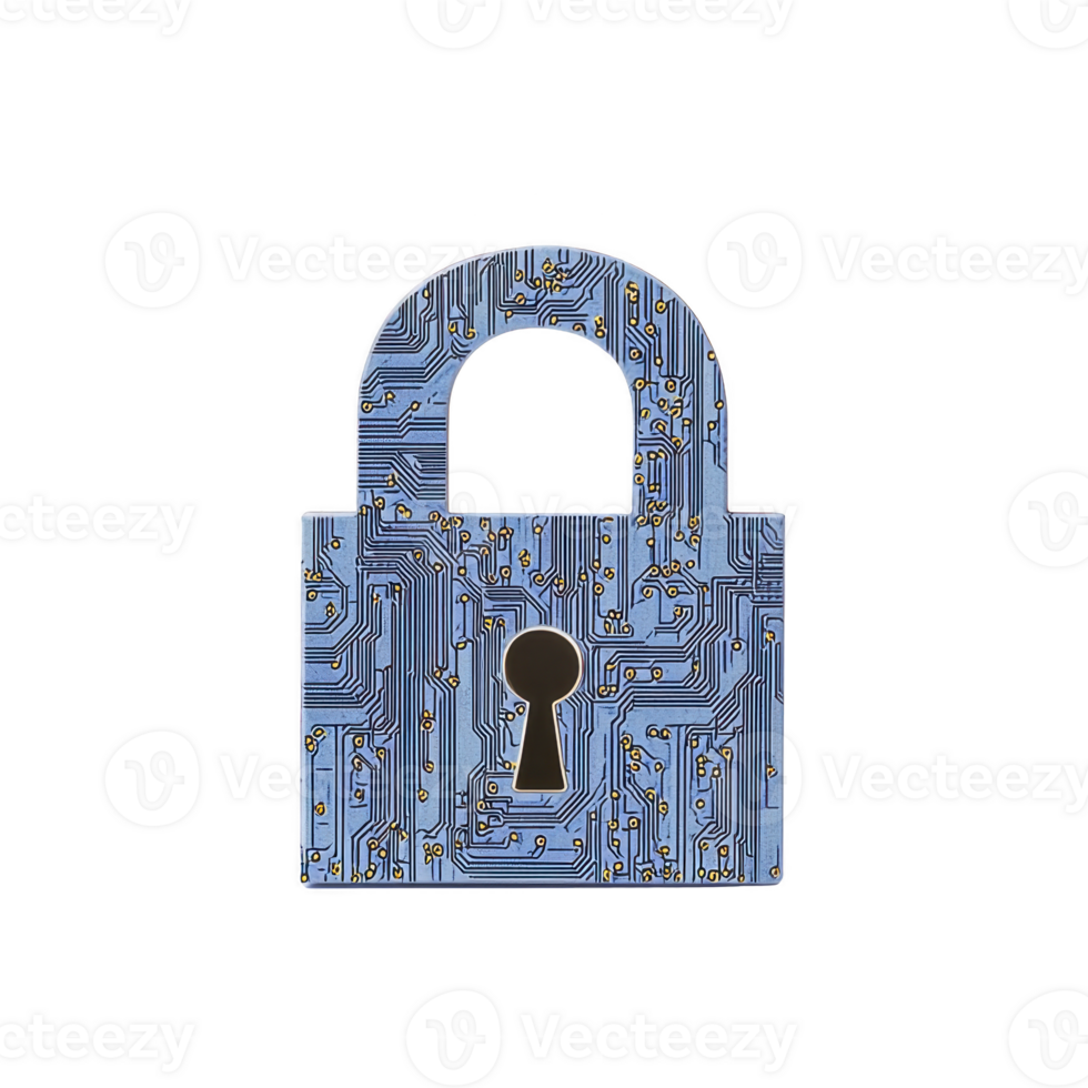padlock with circuit board design symbolizes digital security and protection. intricate circuitry pattern represents technology and cybersecurity concepts png