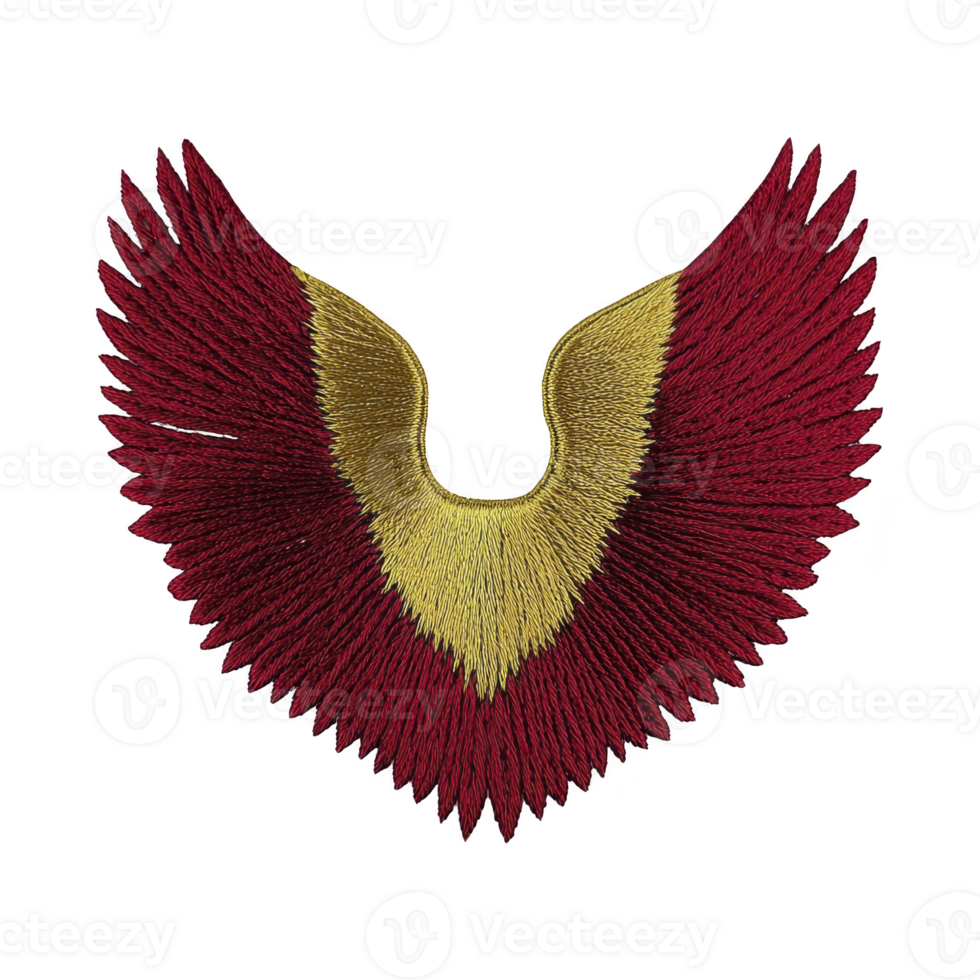 vibrant, symmetrical embroidery design features red and gold wings, creating striking and artistic pattern. intricate stitching showcases blend of colors, adding depth and texture png