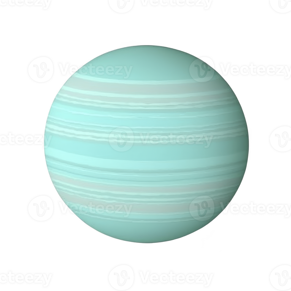 This shows turquoise planet with horizontal stripes, resembling Uranus. smooth texture and soft colors create serene and mysterious appearance png