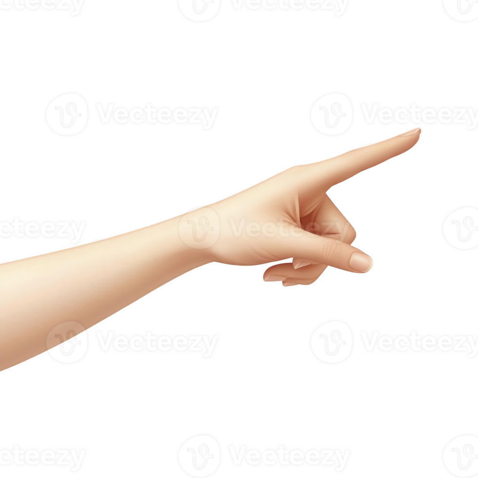 hand with light skin tone is pointing forward with index finger extended, conveying direction or emphasis. background is transparent, highlighting gesture png